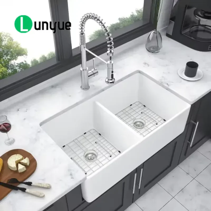 Luxury White Ceramic Farmhouse Apron Front Kitchen Sink Double Bowl 32x20 Inch Extra Deep Basin for Modern Home Decor Durable