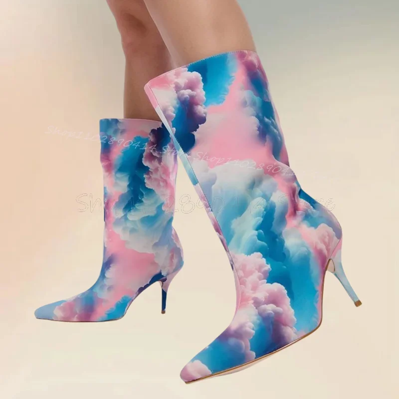 Colorful Cloud Print Design Pointed Toe Boots Slip On Women Shoes Thin High Heels Fashion Party Banquet 2026 Zapatos Para Mujere