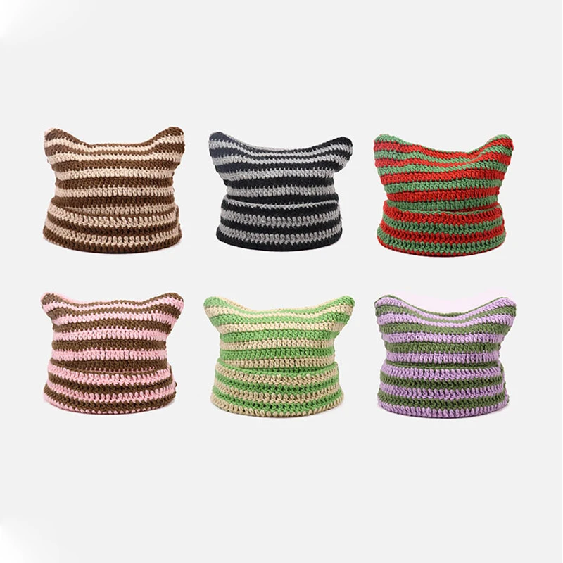 New Korean Beanie Hat Ins Little Devil Striped Knitted Wool Cap Autumn and Winter Cute Cap Ears Pointed Pullover Women's Hats