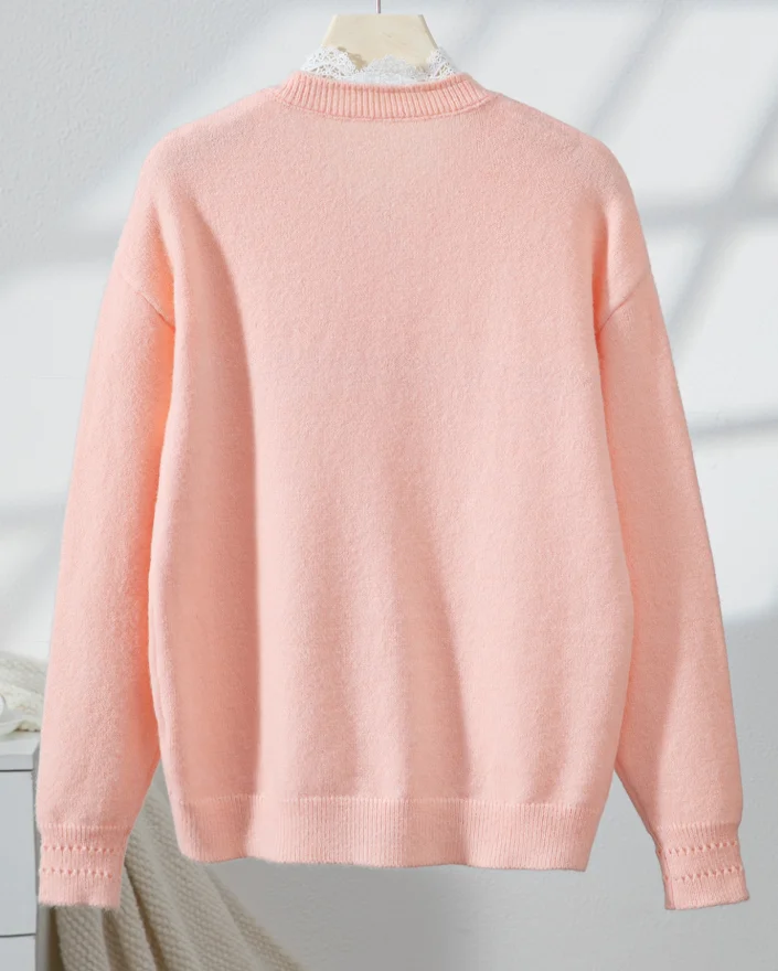 الخريف والشتاء أزياء أنيقة طويلة الأكمام الدانتيل خليط سترة محبوكة سترة W15 #5