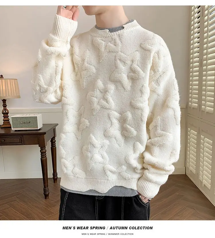 Autumn Winter Pullover Sweater Men Round Collar Loose Teenagers Knitwear Warm Solid Warm Soft Flower Star Print