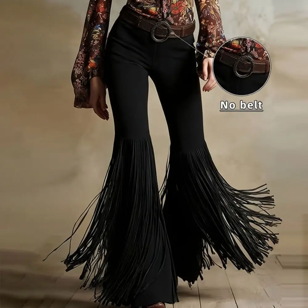 

Однотонные замшевые брюки с бахромой и вставками, в стиле стритвир, ретро, с высокой талией, с бахромой по низу, в стиле бохо, облегающие, расклешенные