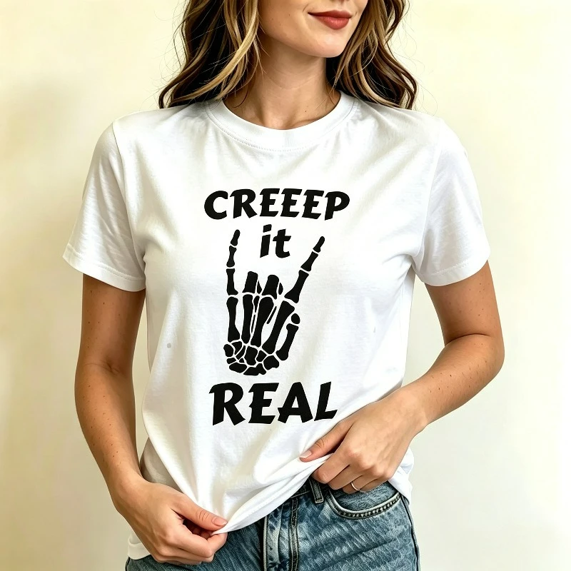 CREEP it REAL Skeleton Rock Hand Women T-Shirt 100% Cotton Tee For Funny Halloween Punk Wear