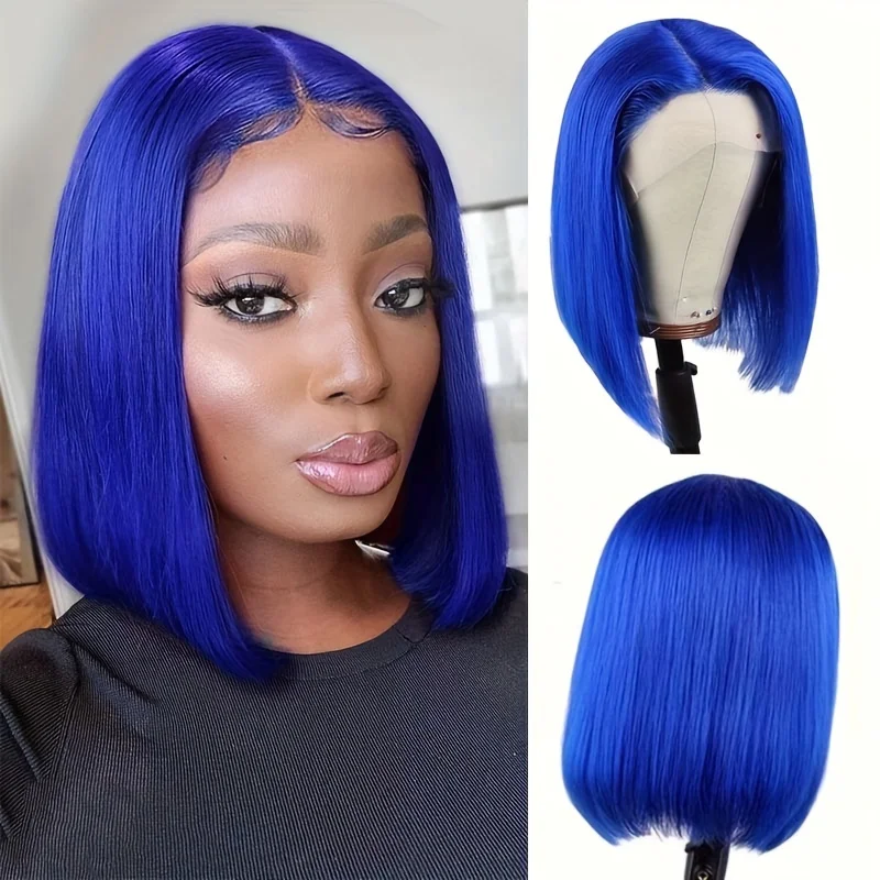 Wig lurus depan renda biru ketebalan tinggi 200 Wig Bob pendek rambut manusia 100% 13x4 Wig renda Frontal transparan untuk wanita