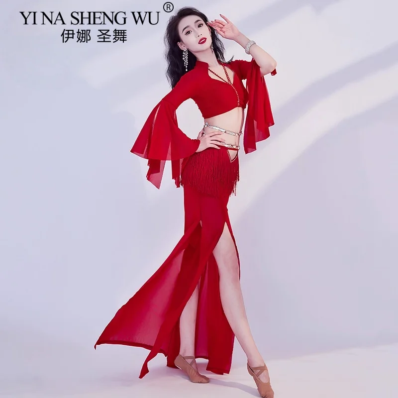 

Sexy Belly Dance Costumes for Women Oriental Practice Clothes Mesh Sleeves Top+tassel Trasouers Eastern Performance Outfit