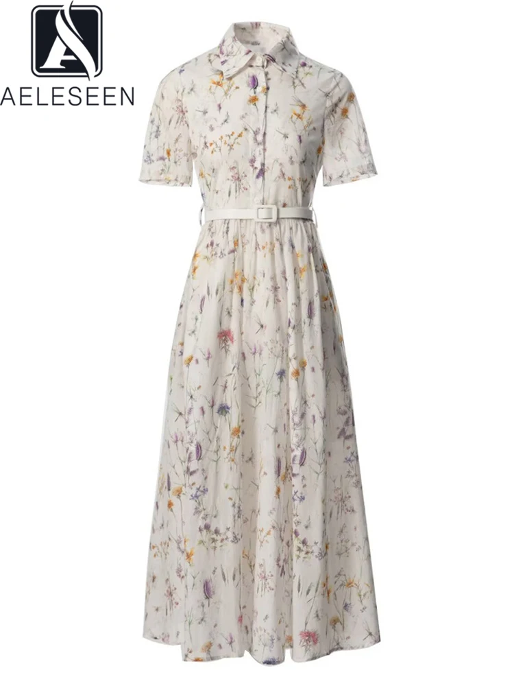 AELESEEN Runway Fashion 100% Cotton Summer Dress Women Turn-down Collar Floral Print Belt Single-Breasted Long Shirt Poplin