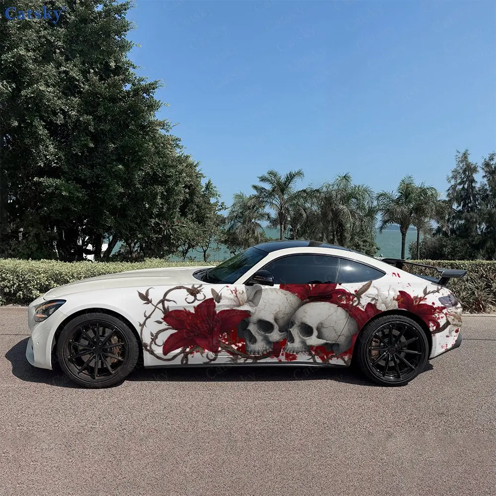 2pcs Skeletons Vine with Red Flowers Car Side Wrap, Self-Adhesive PVC Waterproof & Scratch-Resistant Sticker, Car Accessory Gift