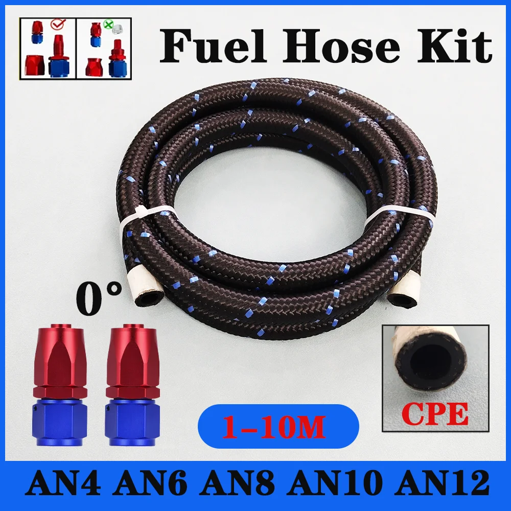 

AN4 AN6 AN8 AN10 AN12 1-10M E85 Tube Nylon 304 Stainless Steel Braided CPE Rubber Fuel Line Fitting Kit with 2 pcs 0° Swivel