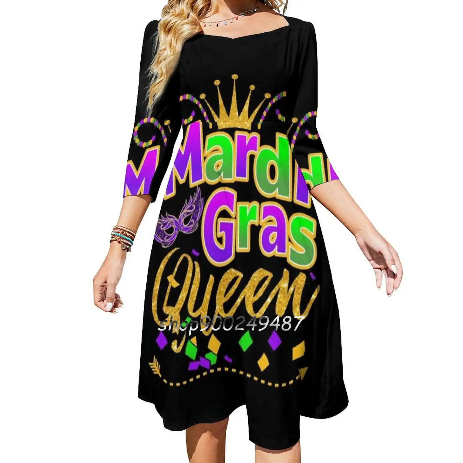 Mardi Gras Koningin Crown Festival Carnavals T-shirt Gift En Vierkante Hals Jurk Nieuwe Plus Size Elegante Vrouwen Taille Strakke jurk