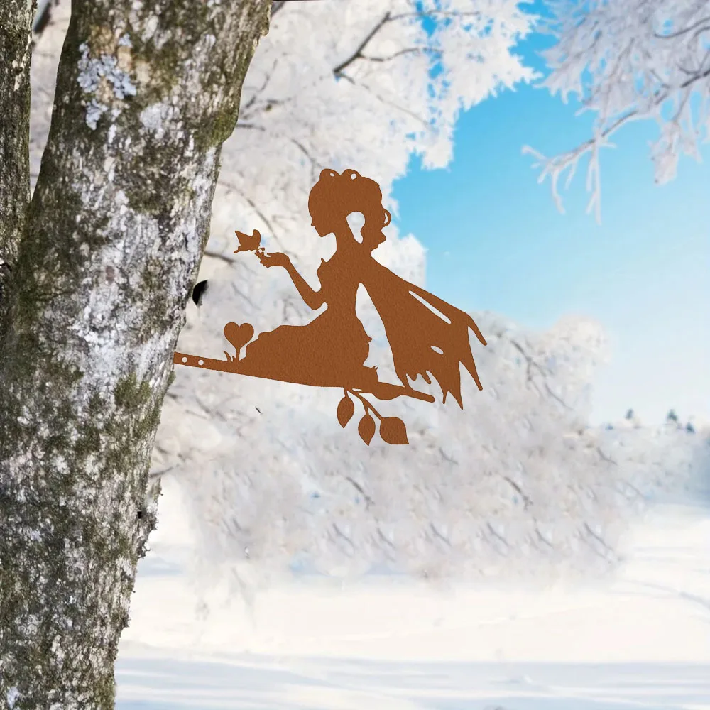 Enchanting 1pc Elf Princess on Branch Steel Silhouette Metal Wall Art – Transform Your Space with Magic. Elegant Elf Princess