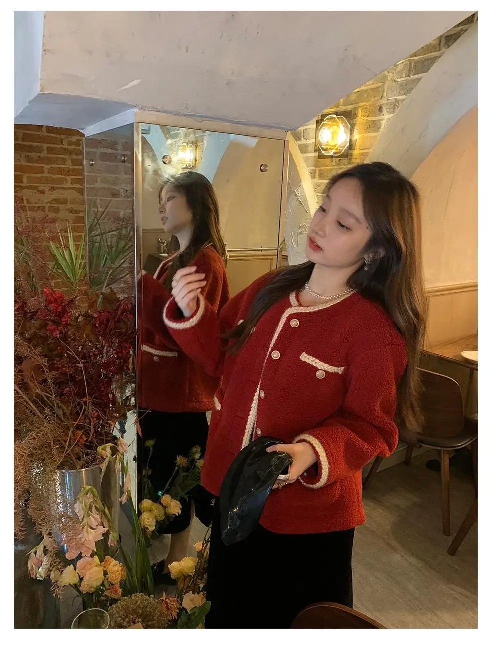 

Красный жилет из овечьей шерсти для женщин: уникальный дизайн для весны и осени, новая зимняя коллекция, студенческий стиль, корейская версия, длинный рукав