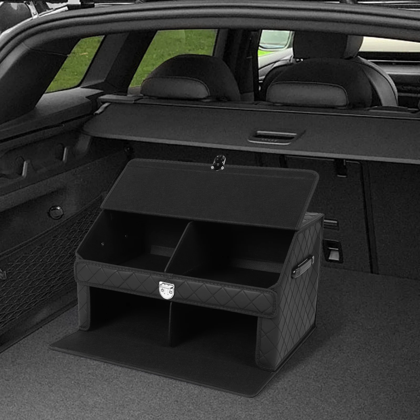 

Double-Layer Car Trunk Organizer with Magnetic Lock Car Caddy Organizer Collapsible Car Storage Bin for SUV Van Truck Sedan Jeep
