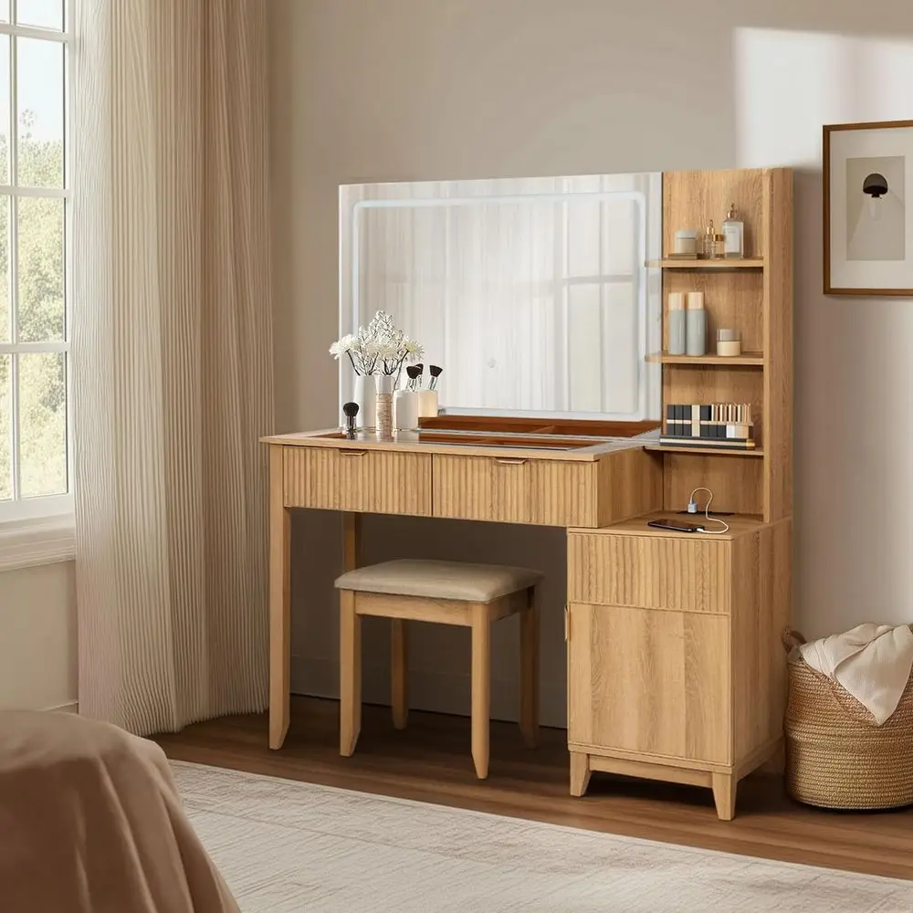 Multi-Functional Makeup Vanity Set with Stool, Mirror, 3-Color Lights, Power Outlet, Storage, Adjustable Brightness