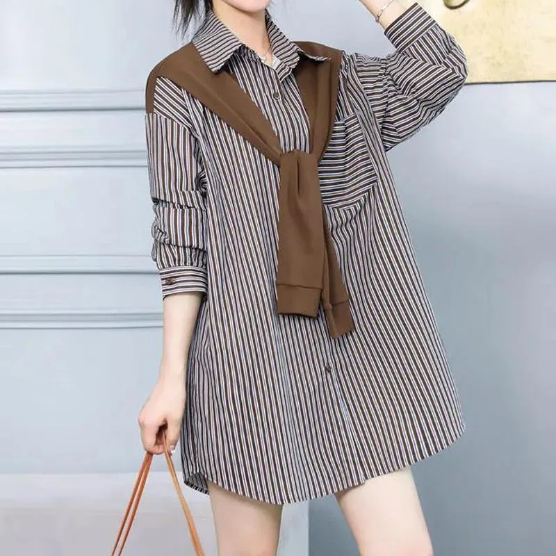 Korean Shawl Spliced Casual Striped Shirt 2023 Fashion Loose Fake Two Pieces Women\'s Turn-down Collar Button Long Sleeve Blouses