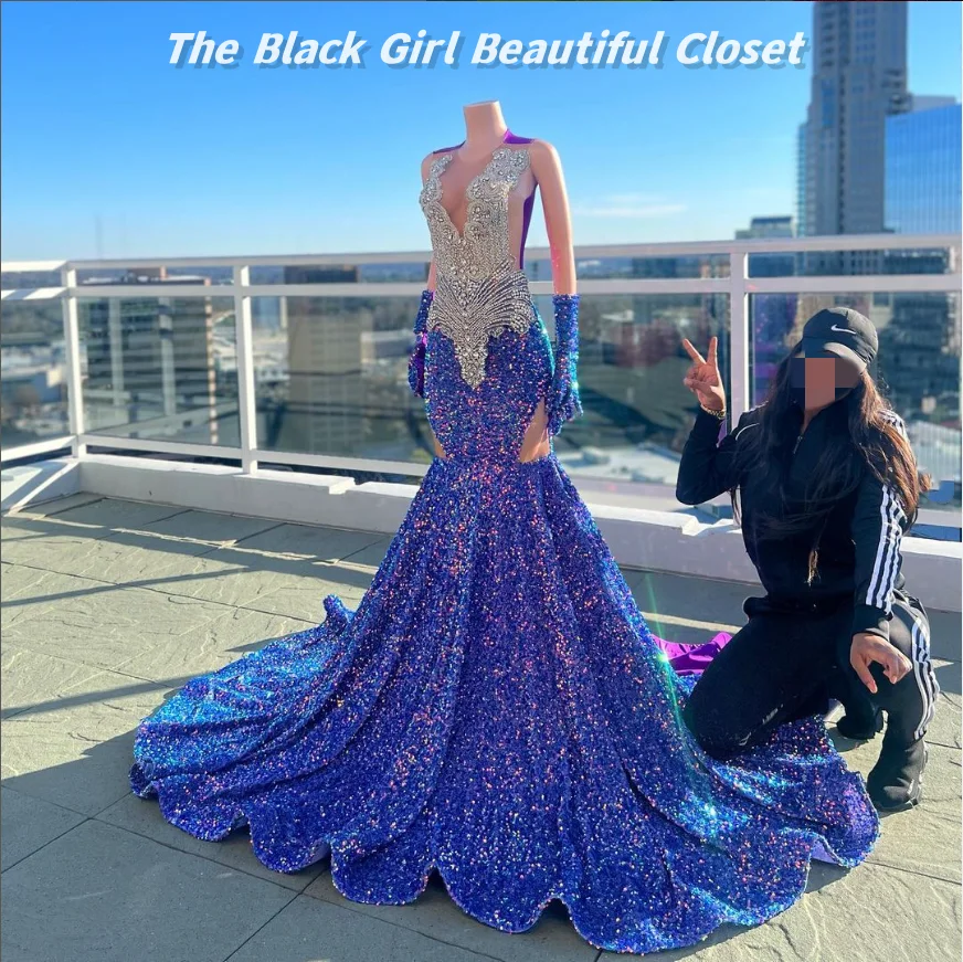 Deep Blue Glitter Prom Dress New Diamond Encrusted Crystal Sequins Birthday Party Gown African Girls O Neck Fishtail Long Dress