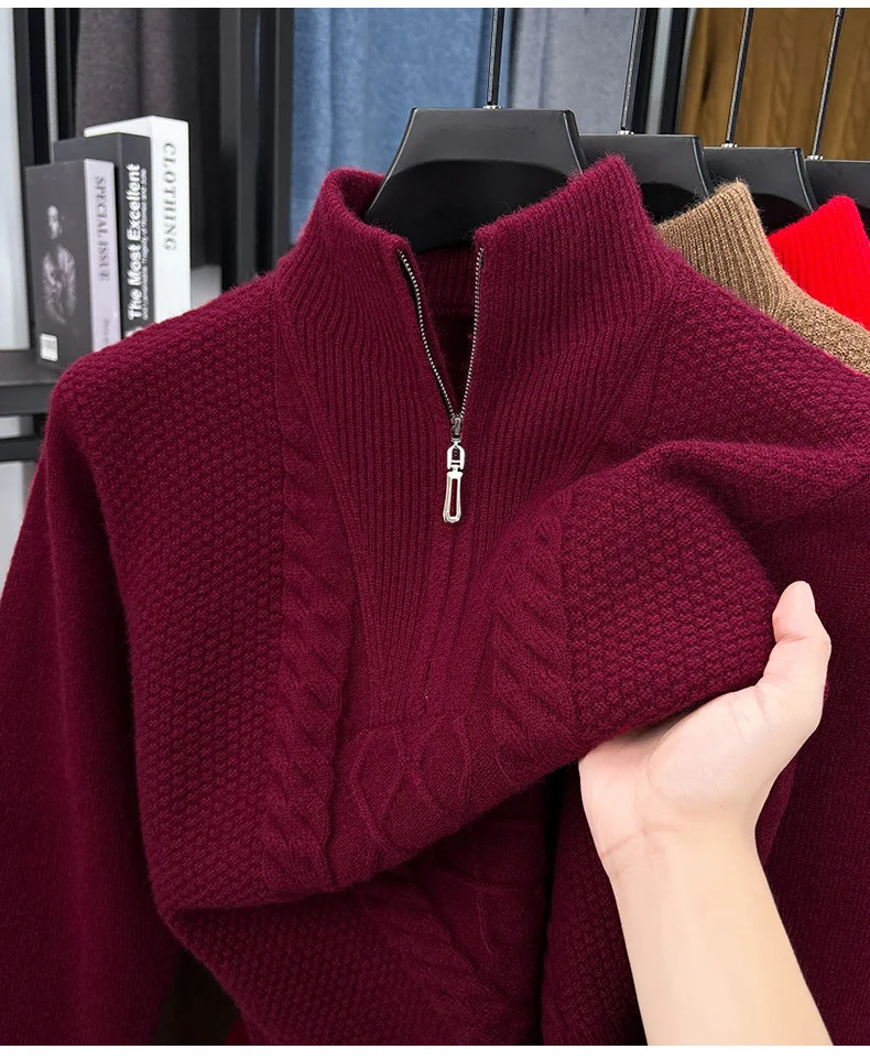Men's Thick Warm Zipper Half High Collar Knitted Base Sweater Solid Color Sweater for Men's Dad