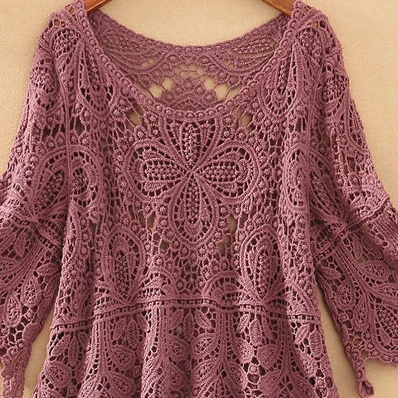 2023 Women New Loose Hollow Short Round Neck Knitted Top Woman Casual Fashion Female Summer Pullover Printing Handmade Sweater