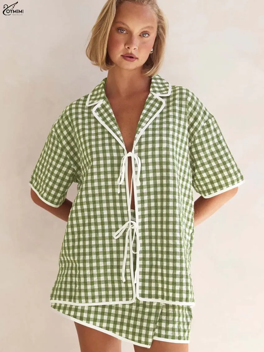 

Oymimi Fashion Green Print 2 Pieces Set For Woman Casual Lapel Short Sleeve Lace-Up Shirts And Mid Waist Mini Skirts Female Sets