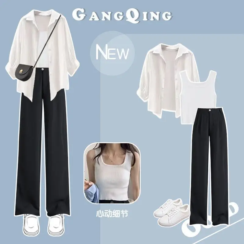 Spring/Summer Set Women\'s New Korean Edition Wearing Sunscreen Shirt with Hanging Straps and Casual Suit Pants Three Piece Set