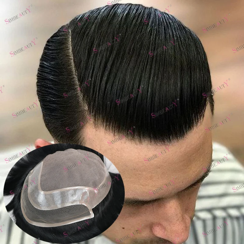 

Jet Black Natural Hairline 100% Human Hair Men's Wig Fine Mono Base with Lace Front Bleached Knots Men Toupee Hair Prosthesis