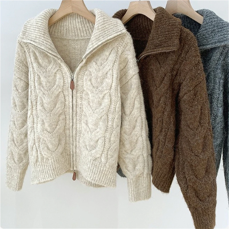 

Cardigan Women Sweaters Coats Turn Down Collar Zipper Jackets Full Sleeve Jumpers Y2k Streetwear Elegant Knit Open Stith 2026
