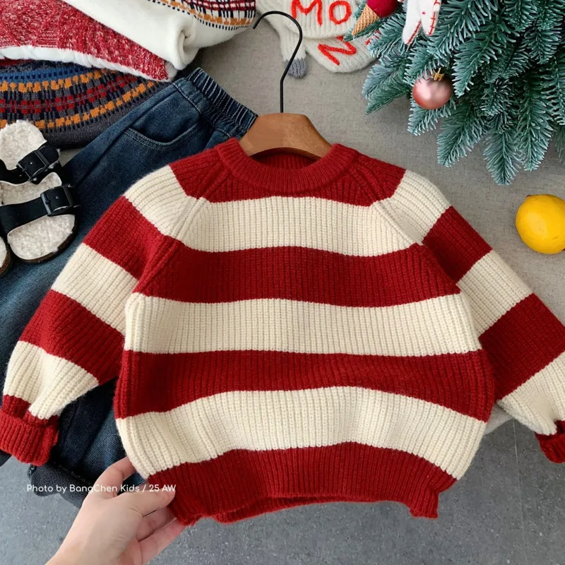 2025 Autumn Winter Boy Girl Children Knitt Sweater Red Stripe Pullover Jumper Stylish New Year Thick Warm 2-10 Years Outfit