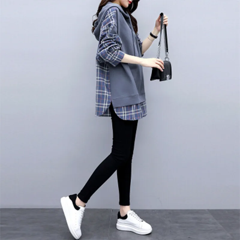 Women Plaid Patchwork Layered Hoodie Loose Mid Length Sweatshirt Fall 2026 Trendy Streetwear Top