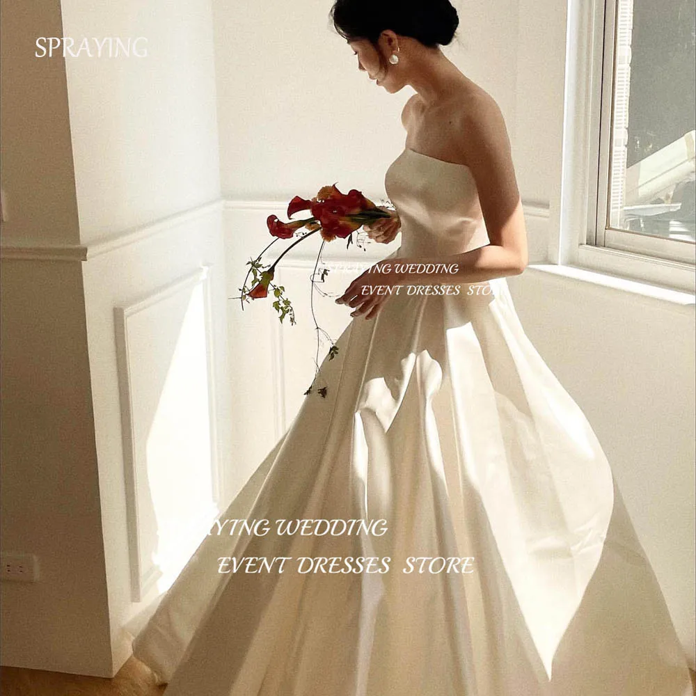 

SPRAYING Simple A-line Satin Korea Photoshoot Wedding Dress Floor-Length Long Strapless Bridal Gown Corset Back Wedding Robe