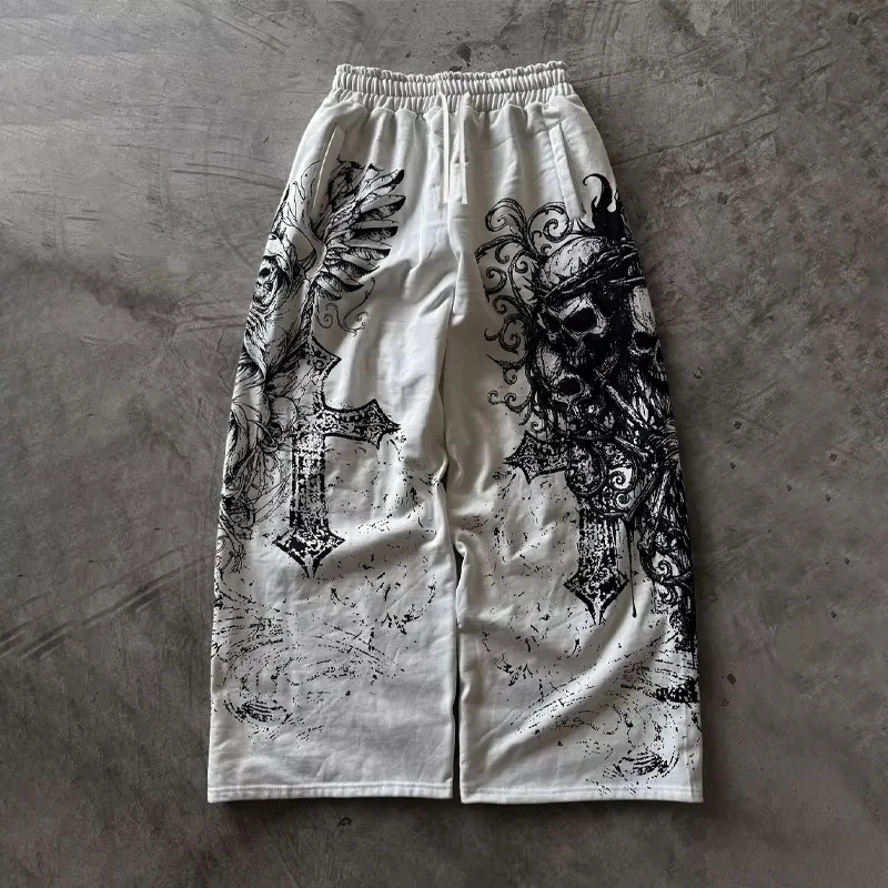 Summer Hot Gothic Skull Vintage Graffiti Full Print Wide Leg Pants Unisex Drawstring Y2K Hip Hop Streetwear Casual Trousers