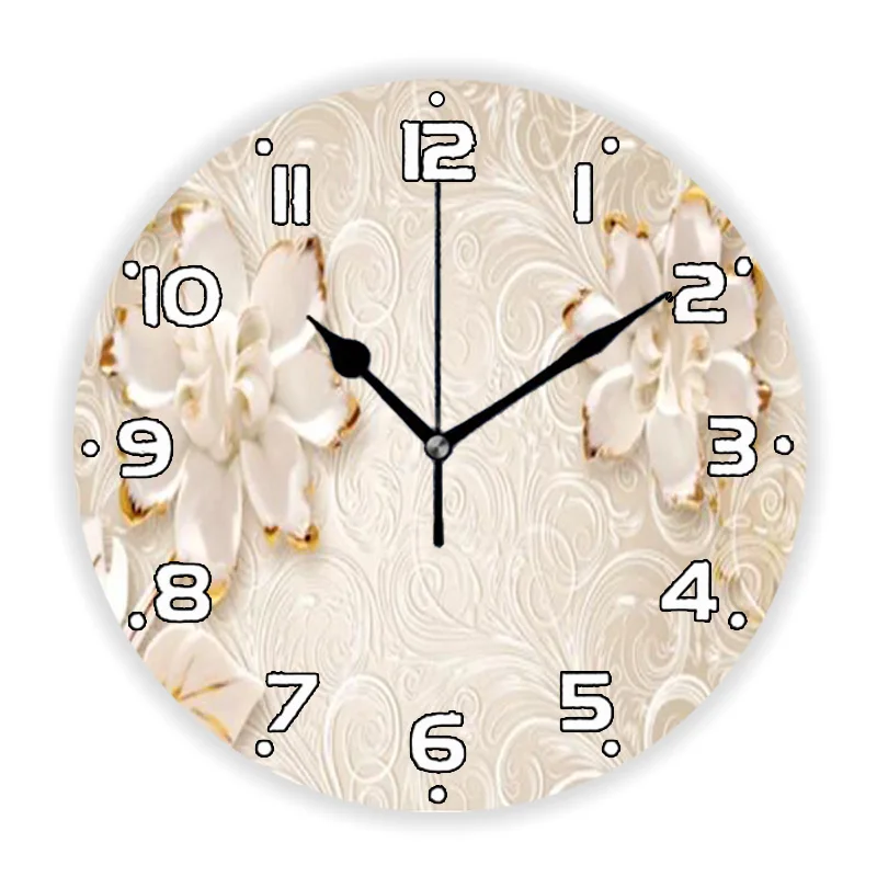 3D Beige Abstract White Gilded Flowers with Pearl Floral Wall Clock for Bedroom Elegant Magnolia Peony Wall Watch Wedding Decor