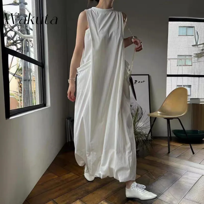 

WAKUTA Japanese Style Simple Temperament Round Neck Sleeveless Design Vest Dress Retro Loose Slimming Breathable Long Skirt Y2k