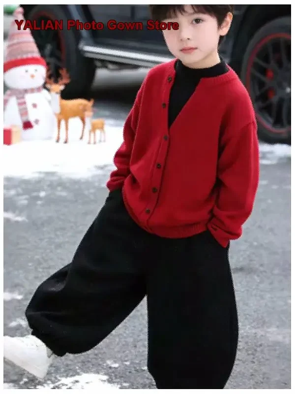 Boys Two-Piece Look Pullover Sweater Kids Autumn Winter Thickened Raglan Sleeves Fancy Outfit