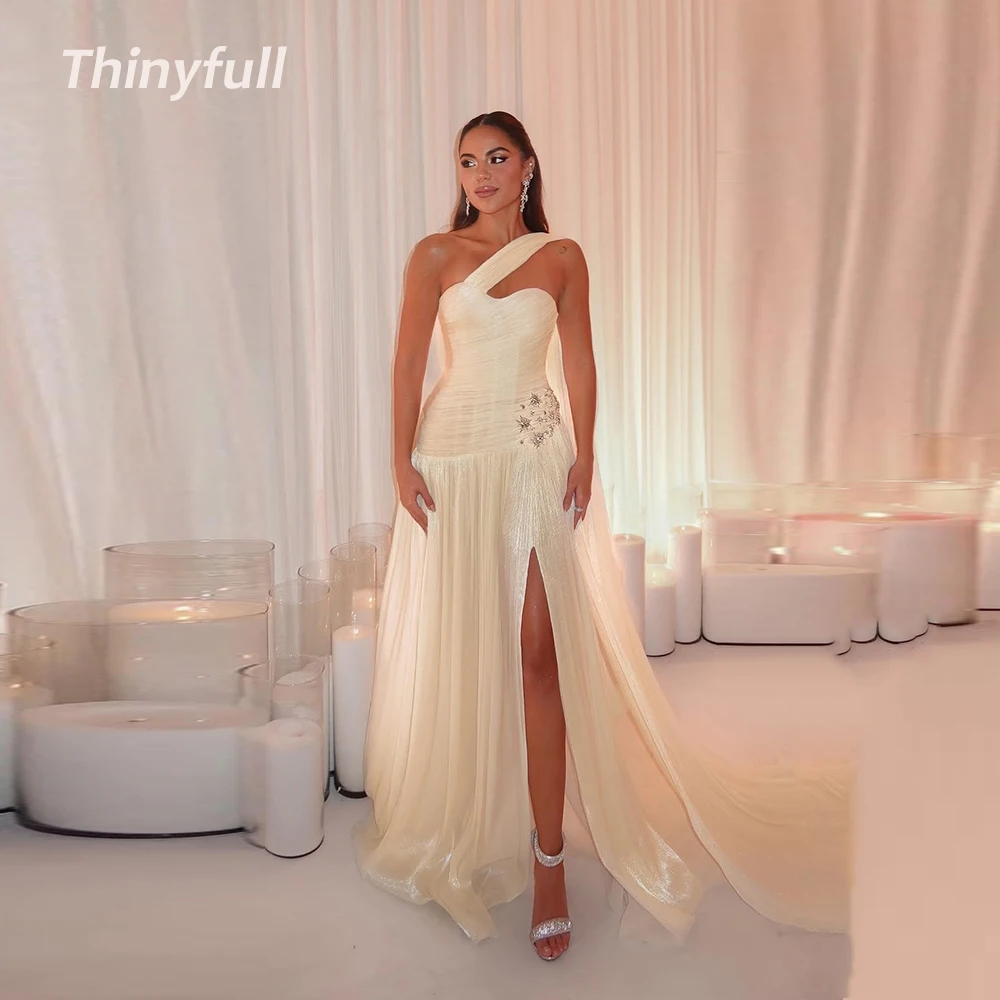 

Thinyfull A-line Arab Glitter Prom Dresses One Shoulder Sleeveless Crystal Evening Dress Formal Gown Robe De Soirée Customized