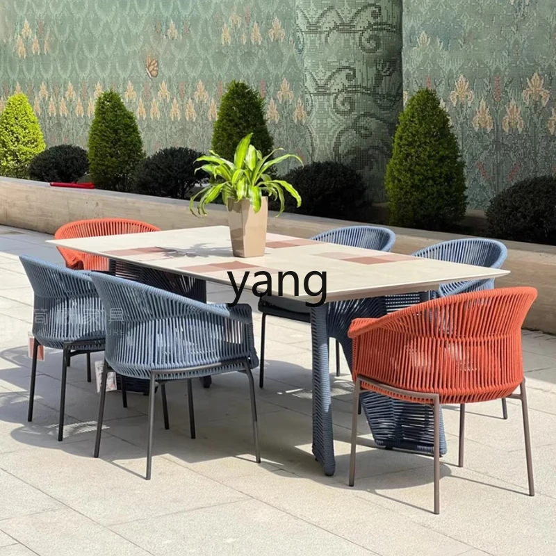

LMMCourtyard Table and Chairs Outdoor Rock Plate Dining Table and Chair Combination Garden Terrace Rattan Chair