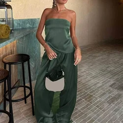 Ladies Sexy Satin Two Piece Set Elegant Temperament Slim Party Suits Fashion Strapless Tube Tops Blouse+Wide Leg Pants Outfits