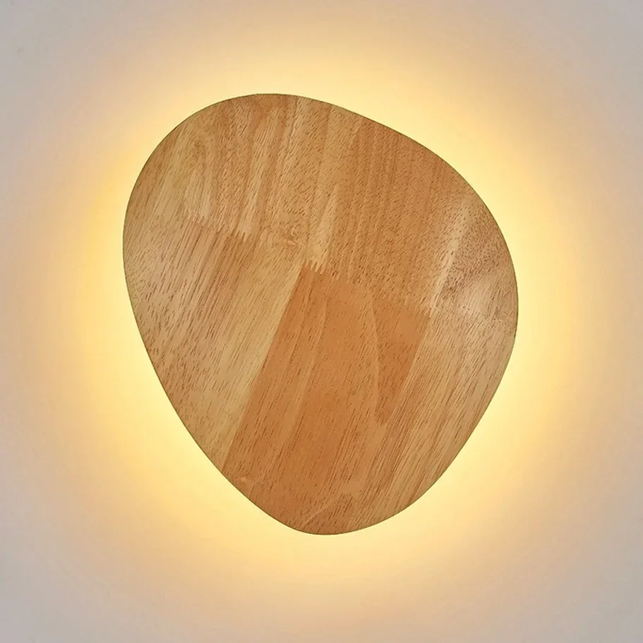 LED Simple Style Wall Lamp Wooden Craft Round Oval Shape With Light Source Wall-Mounted Indoor Lighting Simple Style Wall Lamp