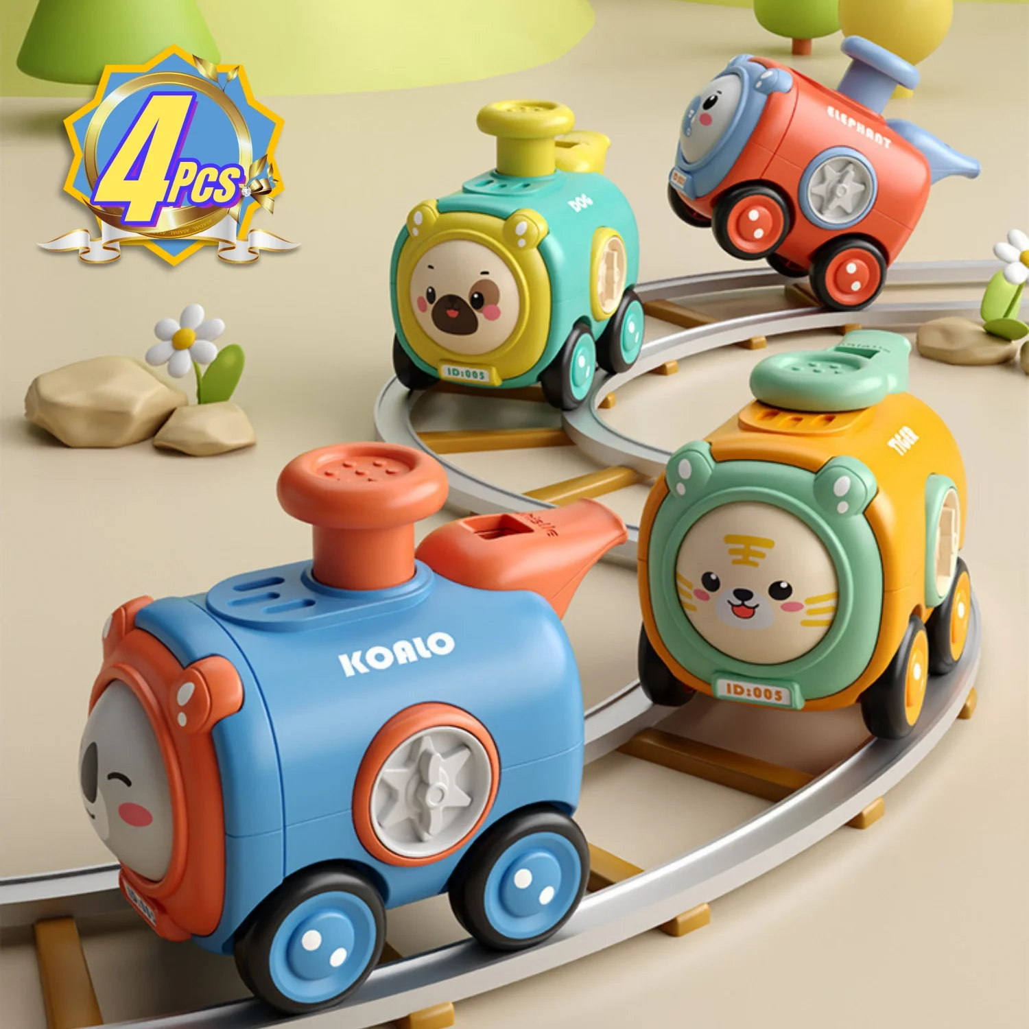 4Pcs Face Change Whistle Little Train Toy,Press and Go Animal Train Toys for Toddlers