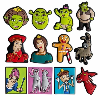 12 pçs shrek anime sapatos encantos acessórios caber tamanco mochila pulseiras sandálias decorar fivela festas de natal crianças presente