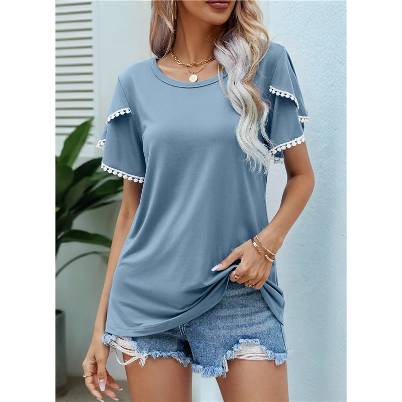 

ASDS-Womens Summer Petal Sleeve Tops Lace Crochet Crewneck Shirts Casual Loose Solid Color Basic Tunic Tshirt