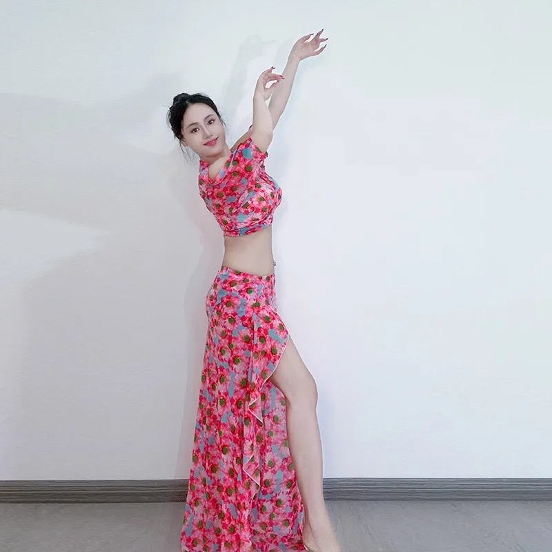 Traje de dança do ventre oriental personalizado, vestido de prática estampado, malha elegante, sexy, saia rabo de peixe ocidental, vestido de equipe de performance