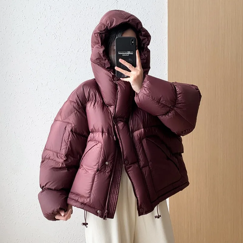 2024 New Korean Fashion Short Hooded Puffer Jacket Women 90% White Duck Down Coat Loose Thick Warm Soft Windproof Parkas Outwear