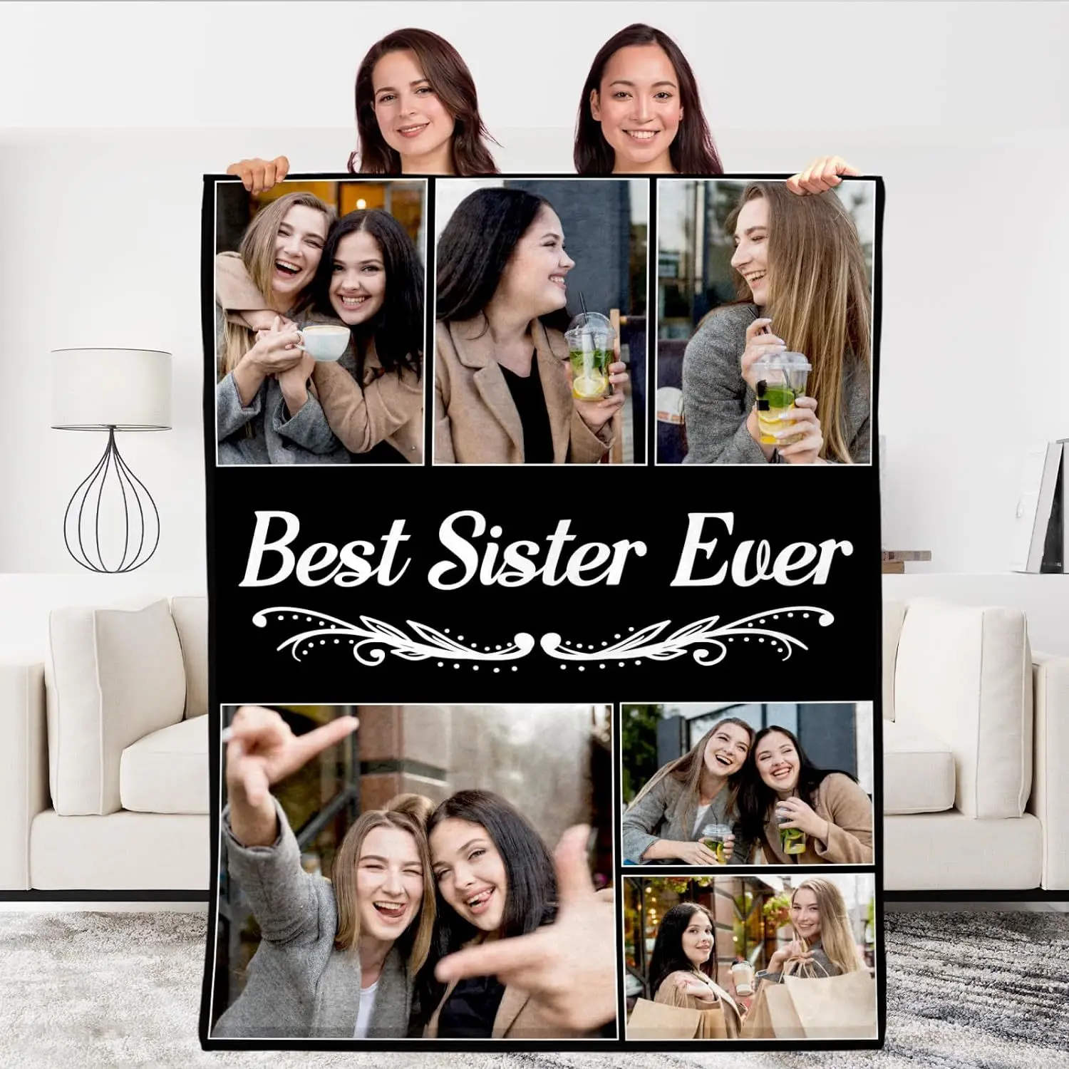 Personalized blanket with customized sisters' photos and words for friends' birthday anniversary