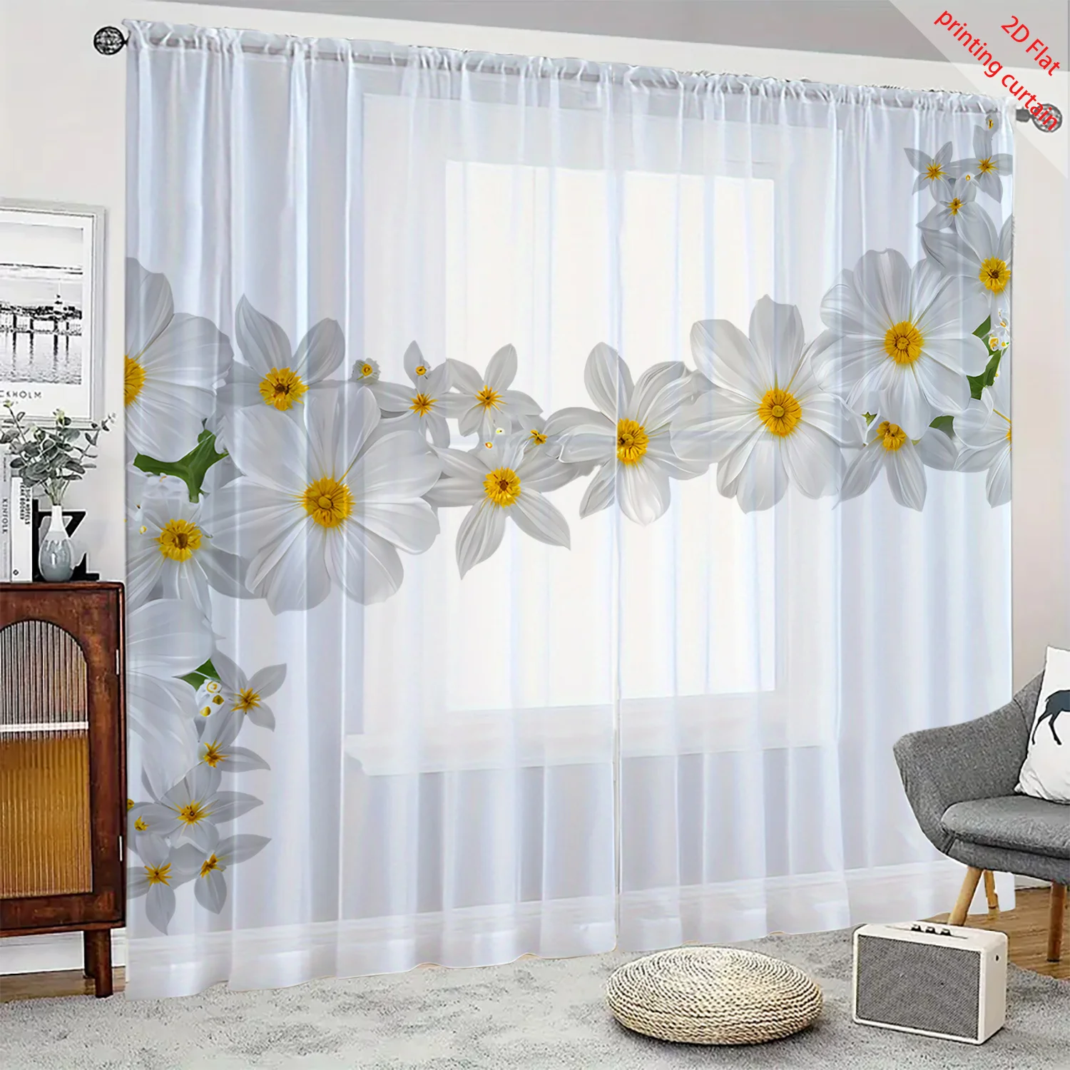 2PCS Digital Print Sheer Curtains, Yellow Stamen White Daisy, Fresh Minimalist Style for Living Room Bedroom Window Decoration