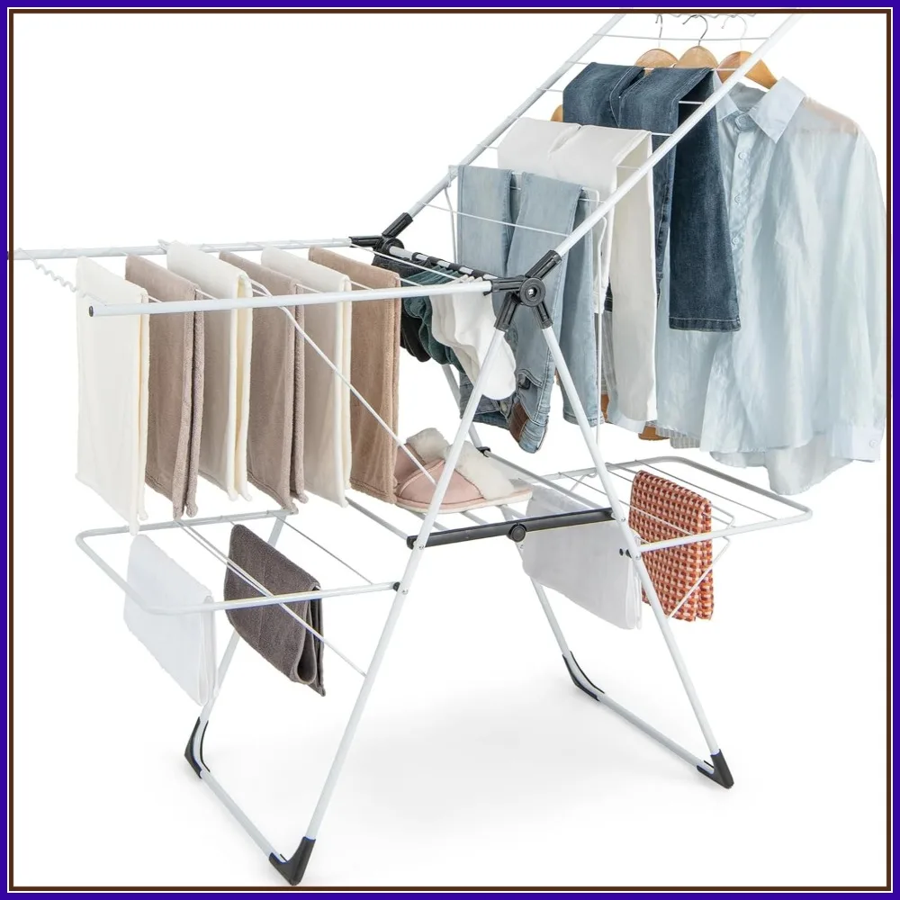 2-Layer Stainless Steel Foldable Laundry Drying Rack, 6-Level Adjustable Height, Space Saving Freestanding with Clips