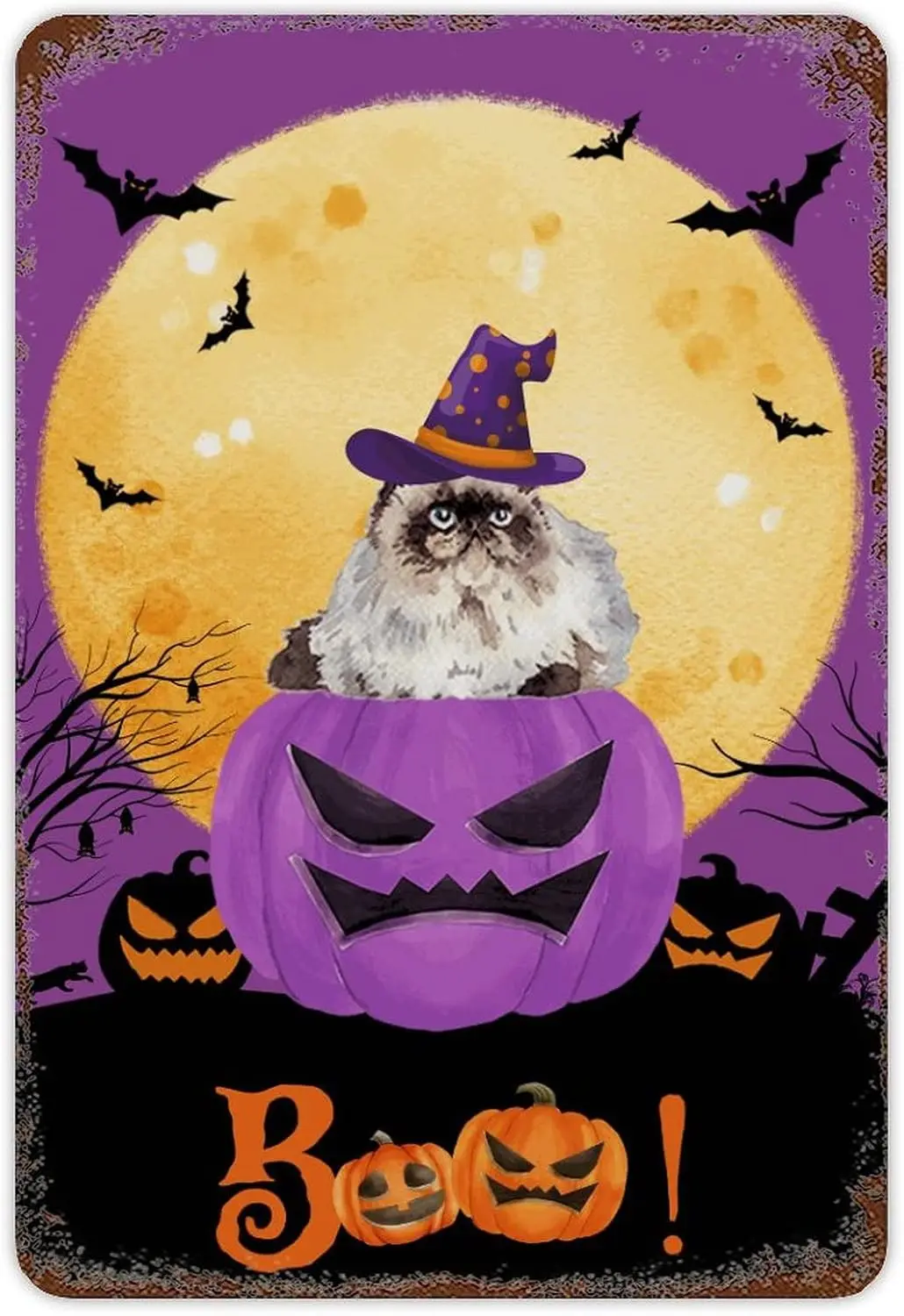 Halloween Pet Cat on Pumpkin Tin Sign Scary Halloween Party Decorations Boo Jack-o-Lantern Metal Sign Cat Lover Farmhouse D sign