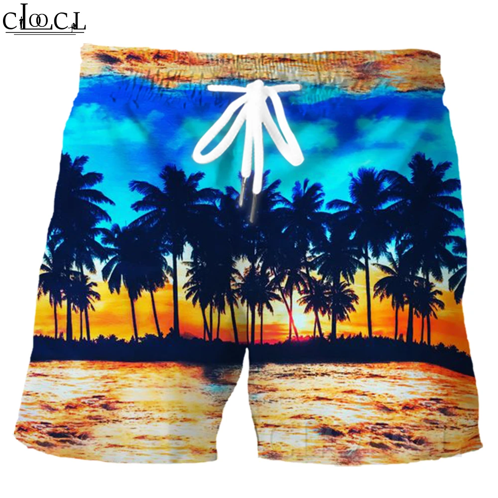 CLOOCL Summer Board Shorts Drawstring Waist Loose Fit Coconut Print Shorts with Pockets Hawaii Beach Shorts Dropshipping