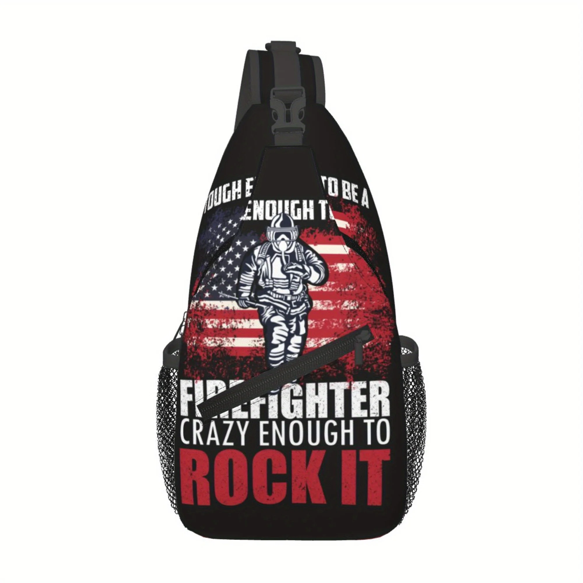 

Men'S Patriotic Firefighter Crossbody Bag - Durable Polyester with Zipper Closure, "FIREFIGHTER CRAZY ENOUGH to ROCK IT" Print