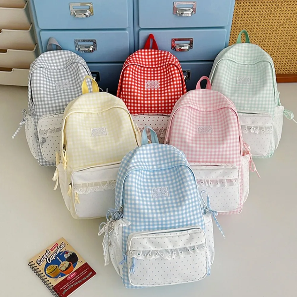 Lightweight nylon fabric polka dot color-blocking backpack, cute pendant for girls, student schoolbag, Kawaii travel backpack