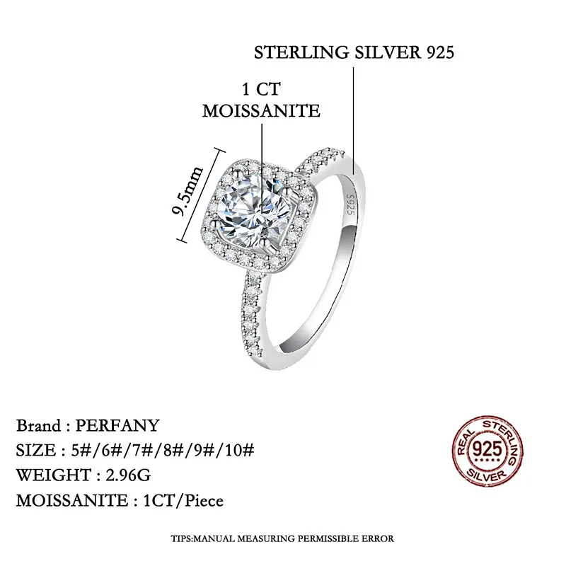 PERFANY 0.5/1/2CT Moissanite Ring for Women S925 Pure Silver Four Claw Square Wedding Ring Fashion Wedding Jewelry