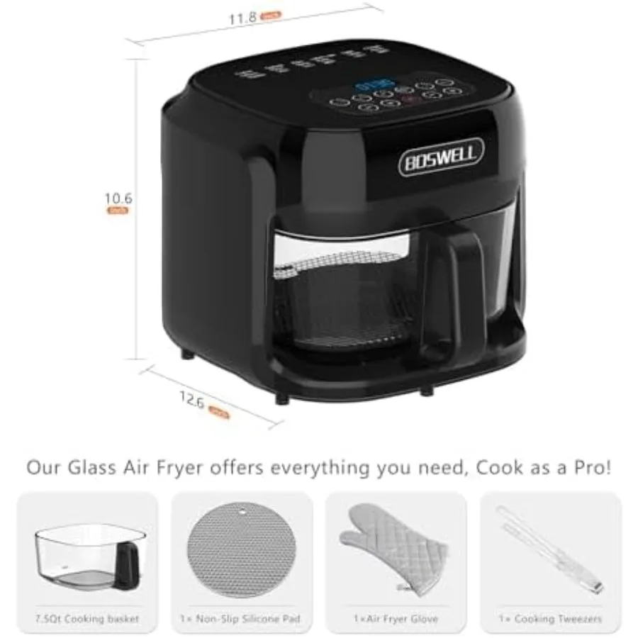 Friggitrice ad aria in vetro 7,5QT con ciotola per friggere trasparente Riscaldamento circolante Controllo della temperatura Friggitrice ad aria Arrosto Lavabile in lavastoviglie